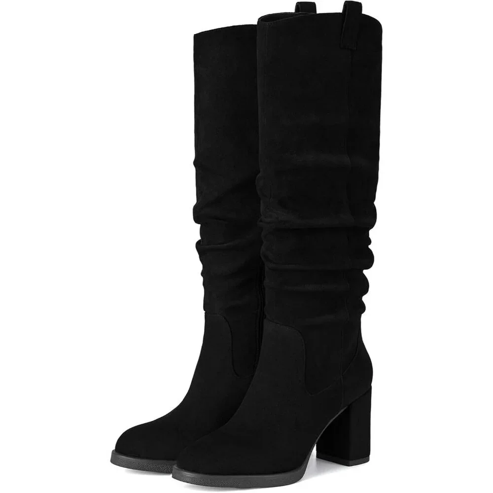 Women's Black Tall Chunky High Heel Side Zipper Knee High Boots With Party